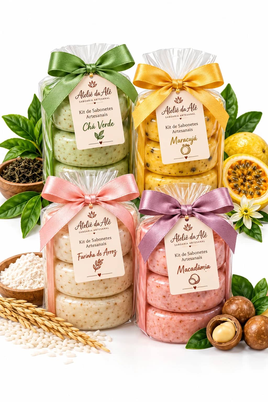 Kit de Sabonetes Artesanais (Chá Verde, Maracujá, Farinha de Arroz ou Macadâmia)